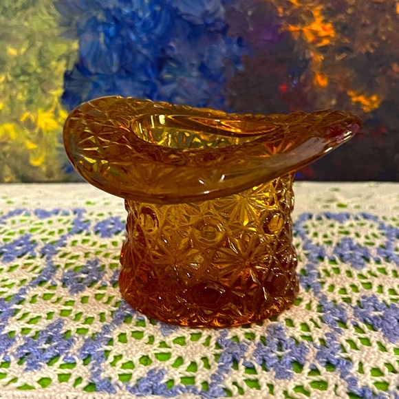 VTG Fenton Daisy Pattern Amber Glass Miniature Top-hat Vase Toothpick Holder